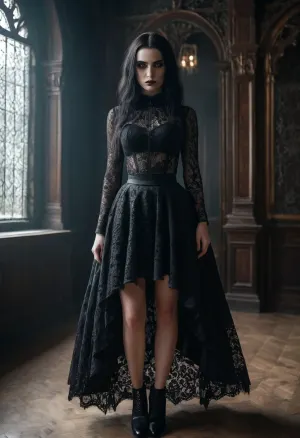 goth girl, (evil smirk:1), (psychotic:1), (lifting skirt), intricate transparent lace gothic dress, smooth pussy, gothic interior