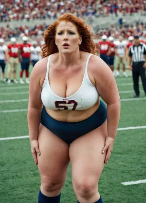 The picture shows a matured female football team with multiple players, including a red-headed woman in a stadium