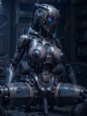 In a post-apocalyptic world, a metal skinned sexbot named Dread roamed the streets. Her joints were made of highly detailed metal and her body was sharp focus, with sharp angles and curves. She had an 8k