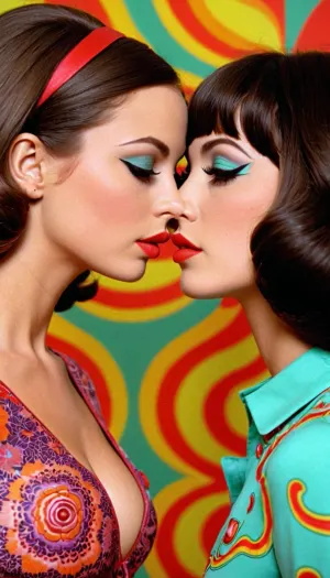 1960 के दशक के अंत में, लंबे बाल और मेकअप के साथ दो सुंदर और एथलेटिक महिलाएं एक दूसरे को चूमने के बारे में थीं। वे दोनों भारी मेकअप, पूर्ण लिपस्टिक, चमकदार लाल लिपस्टिक, उत्तम भौहें और पूर्ण होंठ पहने थे। bru