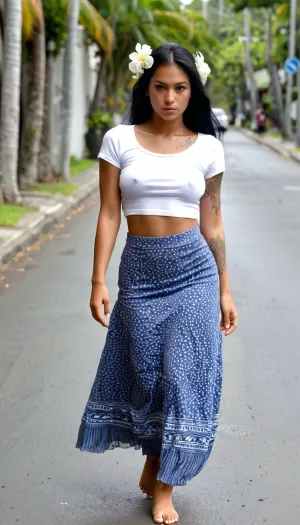 The Tahitian woman, with her blue hair flowing in the wind, walked down the street wearing a short white t-shirt that showed off her enhanced tits. She had a natural tattoo on her left arm and wore flower earrings to complete