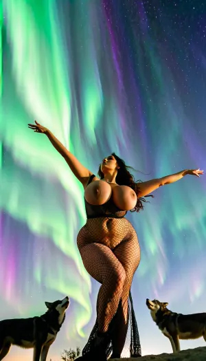 Busty Palestinian woman is Dancing with Wolves under the northern lights, huge breasts, large aerolas