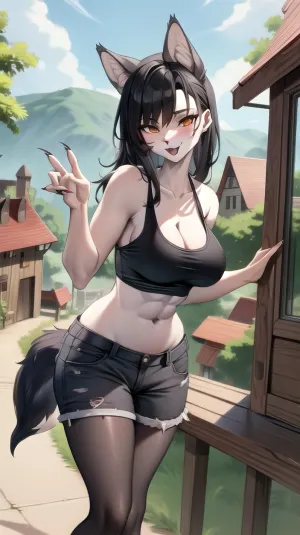 female furry anthro wolf, fur, (anthro, scalie, wolf female), (medium breasts, big hips, wide hips, tail), countershading, (tank top, shorts), (best quality, masterpiece:1), seductive, looking at viewer, outdoors country road, village, village houses, truck on the road, detailed style, e6top150, abs, claws, <lora:e6top150-v1-locon:.8>