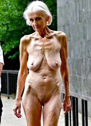 very old 77yo anorexic saggy titted lady fully nude in public