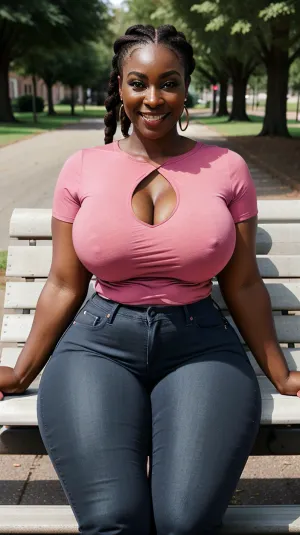 A black milf housewife with big round face, long black braids, wearing a Female tight pink t-shirt and no bra, sitting on park bench with white husband. She's super busty and has very dark skin. Her round face