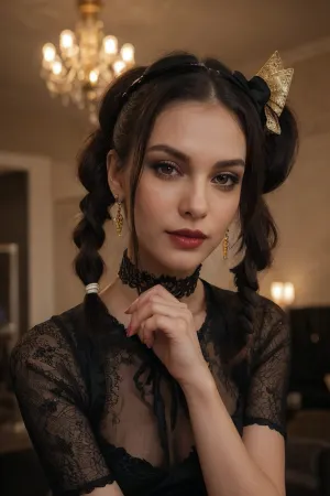 A high-quality AI generated porn picture featuring a sexy waitress with long pigtails hairstyle, high resolution microdress and sexy lace dress, 8k ultra-detailed professional photography with high resolution microdress and sexy lace stockings