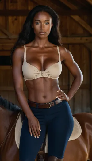 An dark black skinned ebony woman Equestrian with blue eyes and freckles wearing riding breeches, flashing her big saggy tits at the barn with well defined tanlines and long hair