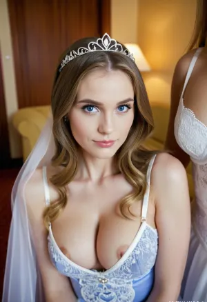 उसके सफेद शादी की पोशाक में एक युवा श्यामला बेटी bridesmaid और नीले शाम के गाउन में दो 50 यो गोरा माँ bridesmaids एक sunbeam से पहले खड़ा था क्योंकि वे गहरे स्नेह के साथ एक दूसरे को देखते थे। राजकुमारी को सुनहरा tiara पहना गया था