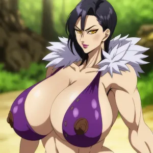 Aynadaki kadın, 7 ölümcül günahla kaba bir anime karakteriydi: Merlin, büyük göğüsler, dev göğüsler, büyük saggy göğüsler, vücudunda kısa bir kürk ve büyük amat