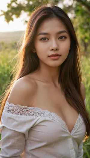1girl, soft lips, expressive eyes, seductive pose, 20 years old, long hair, thai, long sleeves, off-shoulder shirt, happy girlfriend looking at you, close-up cleavage, leaning forward, dynamic angle, nature, sunshine