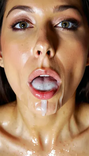 AI生成的色情图片描绘了一个嘴里满是精液的女人,与之配套的文字是"口里满是精液的完美面部精液