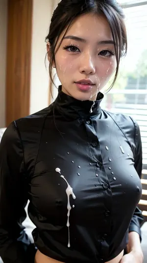 The Japanese woman sat on the couch, her legs spread wide as she pulled out a black satin high neck button blouse. She looked up at the camera with a sultry expression, her eyes filled with lust as she slowly unbuttoned the