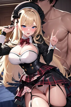 A imagem mostra uma garota loira europeia sedutora sexy na roupa escolar com saia xadrez e cinto de garter. Ela está sendo dupla penetrada por dois meninos, um de cada lado dela. Ambos estão rasgando sua cona apertada com sua