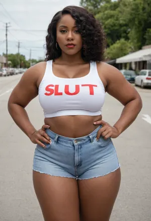 black woman wearing a shirt that says "SLUT 4 WHITE DICK", white shirt with "SLUT 4 WHITE DICK" in black letters, (shirt says "SLUT 4 WHITE DICK"), black woman, curvy body, athletic body, sexy woman, dark skin, big tits, large breasts, sexy ass, fat ass, posed suggestively, jean shorts, slut, whore, public street