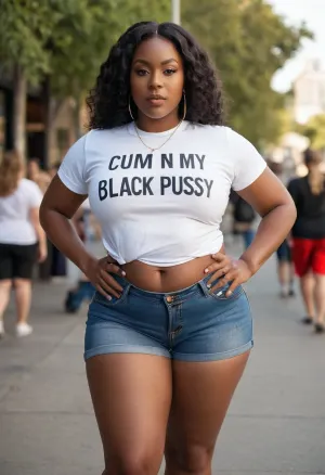 black woman wearing a shirt that says "CUM IN MY BLACK PUSSY", white shirt with "CUM IN MY BLACK PUSSY" in black letters, black woman, curvy body, athletic body, sexy woman, dark skin, big tits, large breasts, sexy ass, fat ass, posed suggestively, jean shorts, slut, whore, public street