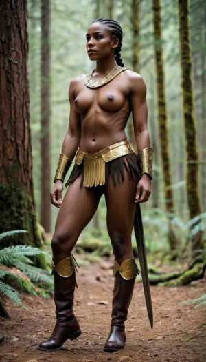 A warrior princess with golden armor and a big sword in hand, walking through the forest with ease, showcasing her muscular arms and abs