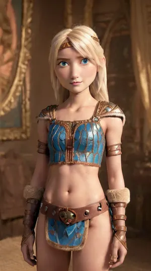 (((astrid hofferson))), (masterpiece, best quality:1.6), (She covers her bare chest with her hands), (skinny slim ass), (thin narrow waist:1), (very Small body:1.7), Symmetrical eyes, Skinny legs, skinny thighs, Dynamic pose, Leather medieval armlets, cowboy shot, astrid hofferson, smile, closed mouth, looking at viewer, headband, (flat chest:.7), (Fur knee-high boots), belt, (no panties:1.2), femloin, skin loincloth, pelvic, skin curtain, <lora:httyd_hofferson-11:.5>, <lora:realistic_quality:.5>, <lora:femloin:.5>, <lora:ASTRID_V1:.5>