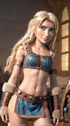 (((astrid hofferson))), (masterpiece, best quality:1.6), (Covers her bare chest with her hands1.7), (skinny slim ass), (thin narrow waist:1), (very Small body:1.7), Symmetrical eyes, Skinny legs, skinny thighs, Dynamic pose, Leather medieval armlets, cowboy shot, astrid hofferson, smile, closed mouth, looking at viewer, headband, (flat chest:.7), (Fur knee-high boots), belt, (no panties:1.2), femloin, skin loincloth, pelvic, skin curtain, <lora:httyd_hofferson-11:.5>, <lora:realistic_quality:.5>, <lora:femloin:.5>, <lora:ASTRID_V1:.5>