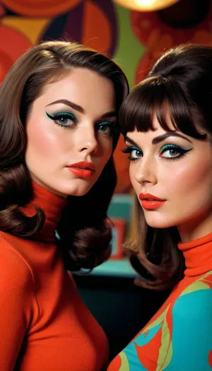 In den 1960er Jahren umarmten sich zwei Frauen in einem Club mit psychedelischer Bildsprache. Ihre Outfits waren sowohl kühn als auch stilvoll, mit der Brünette trug ein Psychedelic 1960 Mod Style Kleid, das schwere Make-up und