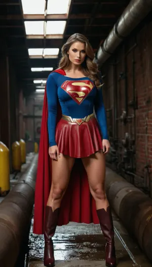 Супергерл, супергероиня, сражается со злодеем на фотографии своего тела, показывая свои выпуклые вены и мускулистые ноги. Она показывает, насколько она могущественна, как супергерой с каждым движением