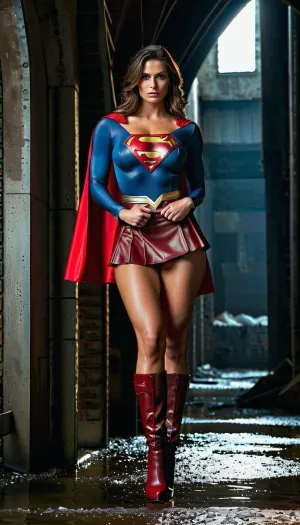 Супергёрл, супергерой, известна своим впечатляющим телосложением и сексуальным нарядом. На этой фотографии она демонстрирует свое полное тело, снятое в темно-красном костюме с высококачественным текстом, созданным искусственным интеллектом. Фотография является частью коллекции
