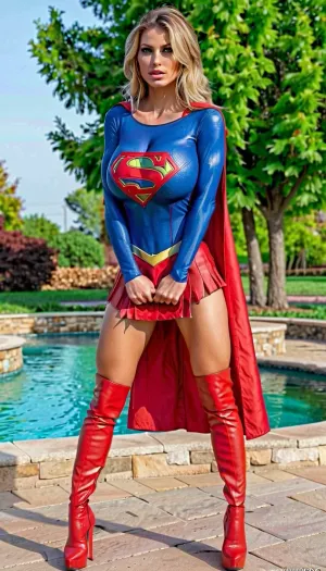 Supergirl의 고품질, 현실적인 이미지는 섹시한, 피부 단단한 복장에 있는 그녀의 근육 다리 및 큰 가슴을 보여줍니다