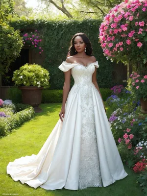 La mujer se encuentra en un exuberante jardín, rodeado de flores vibrantes y follaje colorido. Su vestido fluido es una mezcla de la atención de Andrei Riabovitchev al detalle y el toque imaginativo de Marc Simonetti, exudiendo elegancia y belleza
