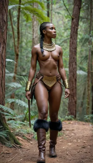 The Zulu warrior was a tall and muscular man with short hair and a strong jawline. He wore leather fur boots that hugged his muscular legs, and golden armlets adorned his forearms. His full body view showed off his lean muscles