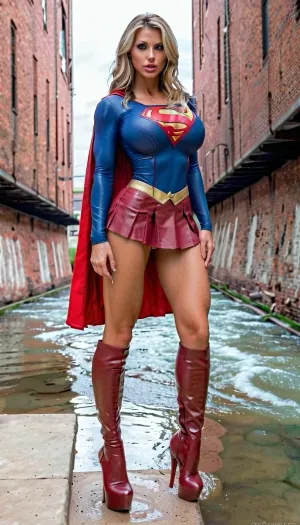 ИИ сгенерировал фотографию женщины в костюме супергероя с высоким качеством, полным обзором тела спереди и сзади. На фотографии видно, что она стоит высоко, широко раздвинув ноги, в сексуальных красных бюстье и ботинках. Она