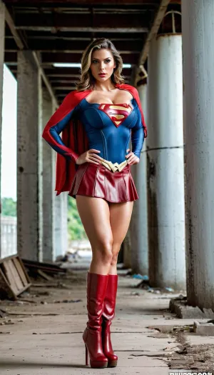 AI在全体拍摄中产生了"超级女孩"的照片,其质量很高,显示了她的膨胀血管和运动体积. 她穿着性感的红色胸罩 穿着高穿的裙子 展示她的长腿和肌肉大腿 