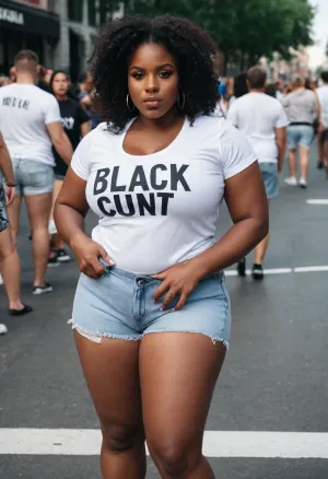 black woman wearing a shirt that says "BLACK CUNT", white shirt with "BLACK CUNT" in black letters, black woman, curvy body, athletic body, sexy woman, dark skin, big tits, large breasts, sexy ass, fat ass, posed suggestively, jean shorts, slut, whore, public street