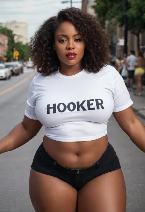 black woman wearing a shirt that says "HOOKER", white shirt with "HOOKER" in black letters, black woman, curvy body, athletic body, sexy woman, dark skin, big tits, large breasts, sexy ass, fat ass, posed suggestively, jean shorts, slut, whore, public street