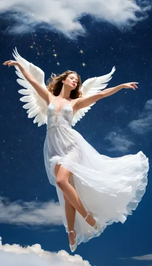 Full body photo, (bright colorful stars falling from sky:1.7), (A very beautiful angel DANCING IN THE CLOUDS IN falling STARS:1.9), (the beautiful angel dancing gracefully amidst ethereal clouds:1.6), (bright stars raining down:1.5), She is weightless as her delicate, flowing dress swirls around her, made of light and air, Her long hair floats freely as if carried by the breeze, (she is in the night sky as stars rain around her:1.8), Surrounding her is a stunning cascade of twinkling stars falling gently from the night sky like rain, The stars illuminate the entire scene, creating a magical contrast between the glowing sky and the soft, clouds beneath her, The image feels serene, mystical, and filled with celestial beauty, <lora:bimboxl_02:.7>, cloud, that, looks, like, <lora:Aether_Cloud_v1:.5>, cloudify, sky, clouds, stars, <lora:Cloudify-SDXL:.5>, cloudshapes, <lora:sdxl_cloudshapes:.5>, fairy, lights, <lora:fairy_lights:.5>
