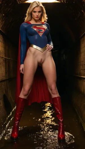 Il testo generato dall'IA è una foto ad alta risoluzione di una donna in un costume supereroe sexy con gambe lunghe e braccia muscolari. Ha grandi tette, una costruzione atletica, e torso magra. La sua uniforme è una gonna rossa con Superman su