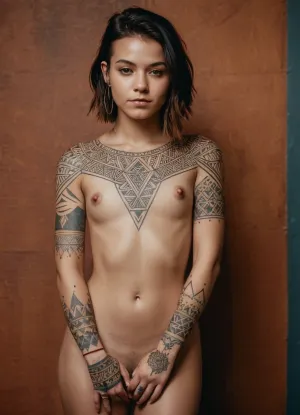 Una niña de 20 años con un pequeño tatuaje de un robot AI en su teta izquierda y un tatuaje tribal en su brazo derecho. Tiene una imagen de un robot de IA en su brazo izquierdo