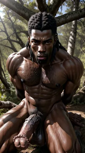A muscular black man with a large penis and fear in his eyes is seen in the forest, open mouthed and scared