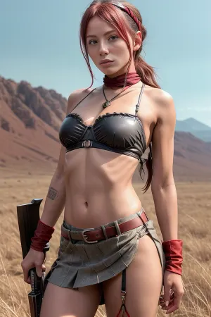 pokerface, "In the hands of a katana", barrens, wreckage, scattered wreckage, thin girl, skinny girl, undead girl, tattered-tights, flat-chested, flat breasts, dirty boots, dead grass, broken fence, squats, pretty face, empty eyesockets, thin legs, thin arms, long-skirt, gray-and-red braid, detailed face, face focus, tattered shirt, open shirt, unbuttoned shirt, very large eyes, arm support, resting, (hlfcol, haired, girl, with, color1, and, color2, hair), (bandeau:1.1), redmonika, headband, jewelry, green, skimpy, armor, gloves, panties, handgun, sword, holster, bomb, waist, scarf, sam, yang, half_buzzcut_hairstyle, low, ponytail, <lora:low_ponytail-1.0:1.5>