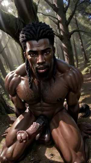 The man was running through the forest, dodging trees and jumping over logs. He had a scared expression on his face as he looked around, searching for something. Suddenly, he saw something in the distance and took off running towards it. The camera