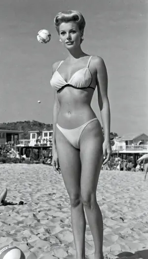 (((B/W PHOTO))), 1950s style, (((Super Panavision 70 1950s))), (((The Jetsons))), (((Jane Jetson))), Jane on the beach, open swimsuit, sexy swimsuit, standing, ball game, beach volleyball