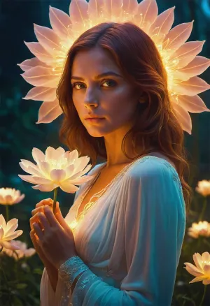 女方被花朵迷住了 花瓣慢慢的松动 闪耀着灿烂的神奇光芒 结构化和奇幻的镜头 创造了深度和强度, 体积照明 增加了超真实的大气层