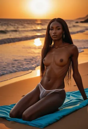 На сгенерированной ИИ картинке изображена соблазнительная африканская девушка, позирующая на пляже с куском прозрачной ткани между ног. У нее почти обнаженное тело и полная грудь, и она носит тесное нижнее белье, которое показывает ее выпуклость. Картина является