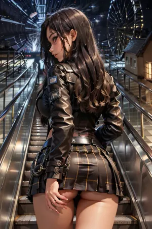 1girl, (upper body:1.4), (from back:1.3), building, chain-link_fence, city, cityscape, coat, fence, ferris_wheel, handbag, jacket, long_hair, long_sleeves, (night, starry sky, outdoors:1.3), plaid, plaid_skirt, pleated_skirt, school_bag, school_uniform, shoulder_bag, skirt, sky, skyscraper, smile, solo_focus, Escalatorview, gstring, (hands, on, own, ass), (grabbing, ass, stretch, spread, <lora:GrabOwnAss-DIM1:.5>), <lora:Escalatorview_v2:.6>, <lora:gstring:.7>, <lora:GrabOwnAss-DIM1:.7>