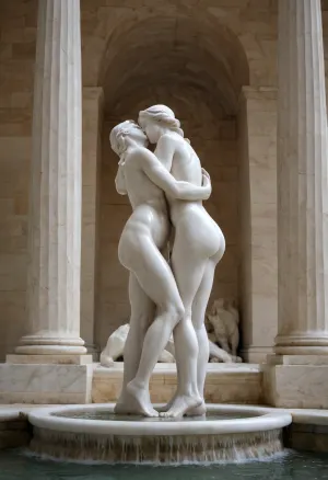 Две женщины, одетые в черное нижнее белье, целовались на мраморном полу, держа в руках большую картину скульптуры Родена «Le Baiser». Водопад на заднем плане добавил в чувственную атмосферу