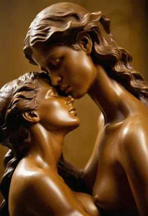 Две женщины, одетые в элегантные вечерние платья, стояли перед массивной скульптурой Родена «Поцелуй». Одна женщина наклонилась, чтобы поцеловать щеку другой, а другая держала ее за руку и смотрела на