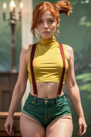 L'IA a généré une image d'une femme à tête rouge avec des cheveux longs, des yeux verts et un éclairage parfait. Elle portait une crop top qui montrait son magnifique décolleté et avait des bretelles sur son short. Son orteil de chameau était visible à travers le tissu