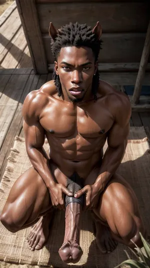 The AI surfer, a young African man with a muscular body and full head of hair, stood on the beach with his erect cock in hand. He was looking at the picture of a pornographic AI surfer that he had found online. His