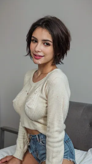 Beautiful Portuguese woman, perfect face, big tits, high cheekbones, full lips, shy smile, short brunette hair, downblouse, sweater, office, low angle shot, denim mini shorts, bbc-facial, <lora:bbc-facial:.5>