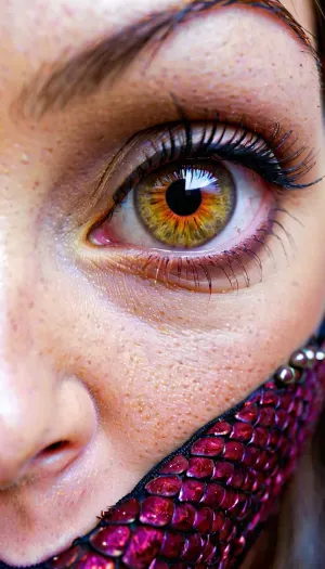 Um olho de rubi de dragão de menina, com um aluno estreito e íris de dragão duplo, chamou a atenção de todos os que o viram. A foto estava em foco e teve uma sensação cinematográfica épica para ele