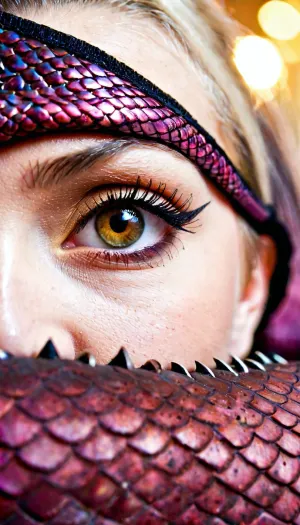 Um olho de rubi de dragão de menina de alta qualidade com uma pupila estreita e pálpebra dupla cobrindo o olho, e íris de serpente estreita acrescentam à profundidade da foto de campo