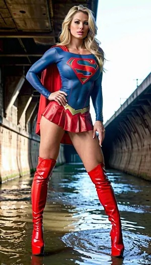 写真の女性は、高ヒールのブーツ、フル唇、長い脚で筋肉の赤のブーツのスーパーヒーローです。 彼女はセクシーなアスレチックビルドを持ち、彼女のヒップで彼女の手と背の高いスタンドを持っています。 肌が滑らかでクリアで、,